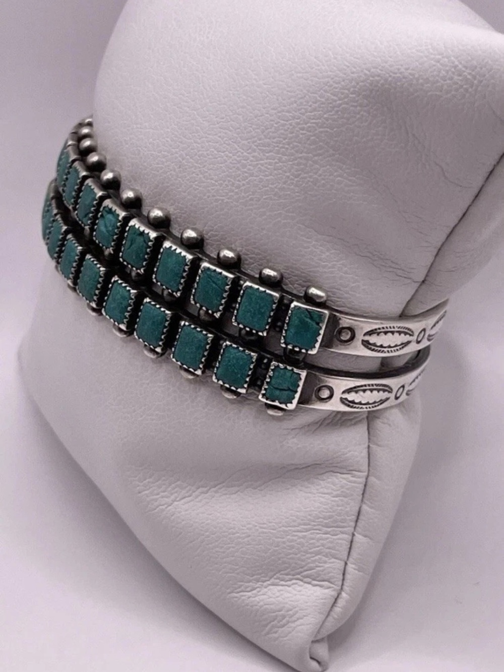 Native Zuni Petit Point Green Turquoise Square Cluster Cuff Bracelet (26.3g)